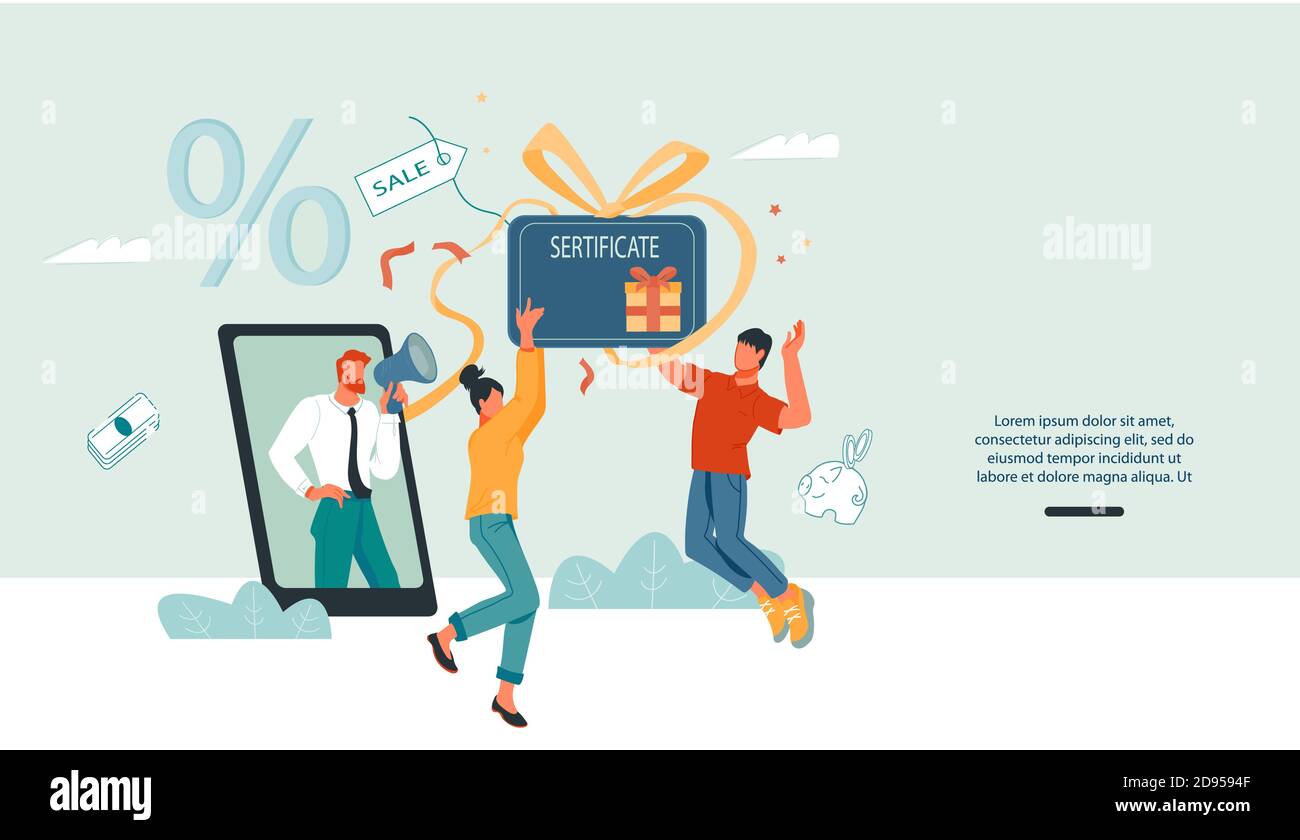 Banner del sito web di marketing aziendale del programma fedeltà dei clienti, vettore piatto. Illustrazione Vettoriale