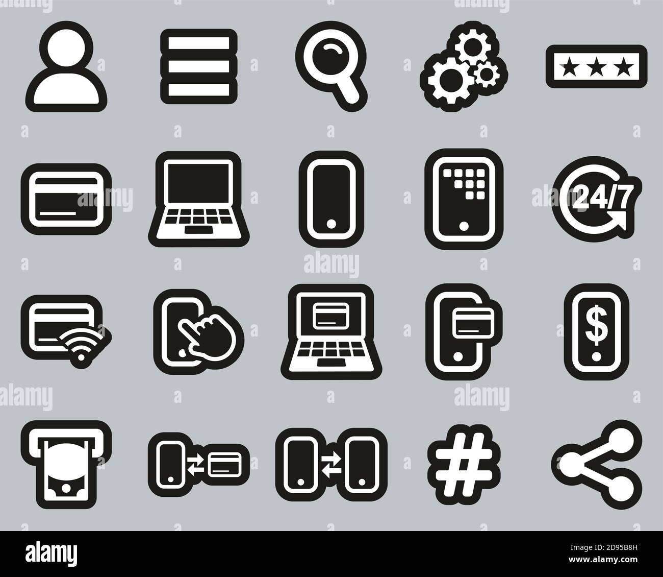 Icone Mobile Banking Bianco su Black Sticker Set Big Illustrazione Vettoriale