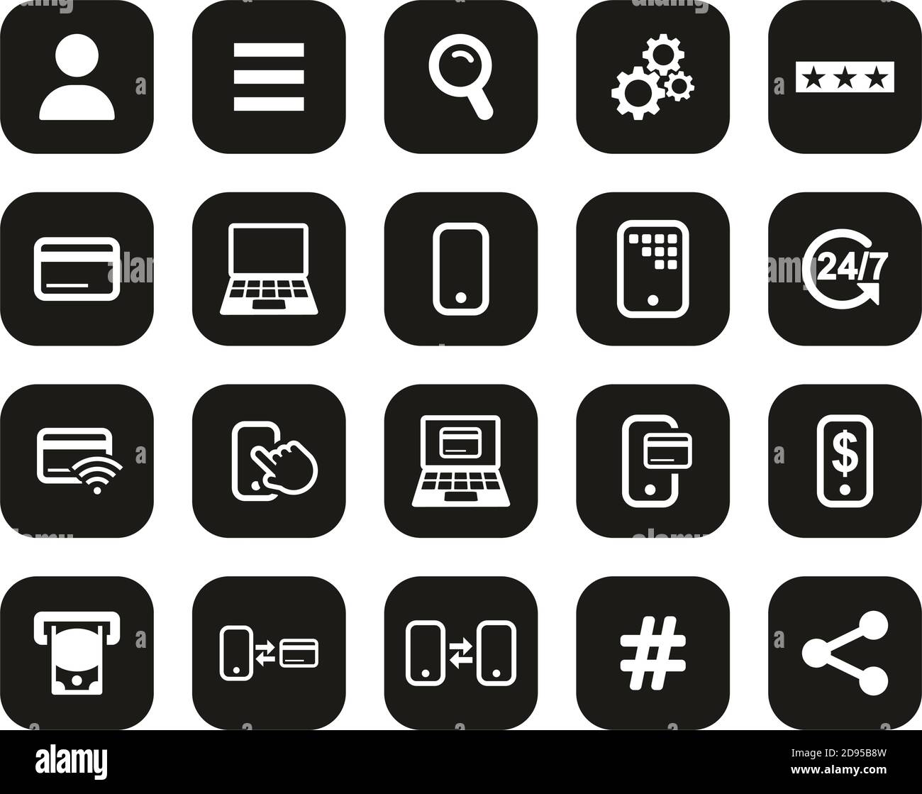 Icone di Mobile Banking bianco su Black Flat Design Set Big Illustrazione Vettoriale