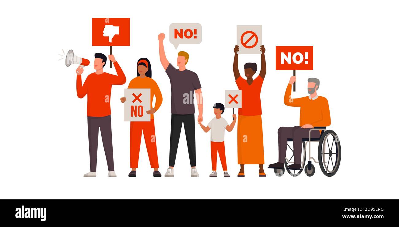 Le persone che protestano insieme e difendono i loro diritti, sono in disaccordo e dicono di no Illustrazione Vettoriale