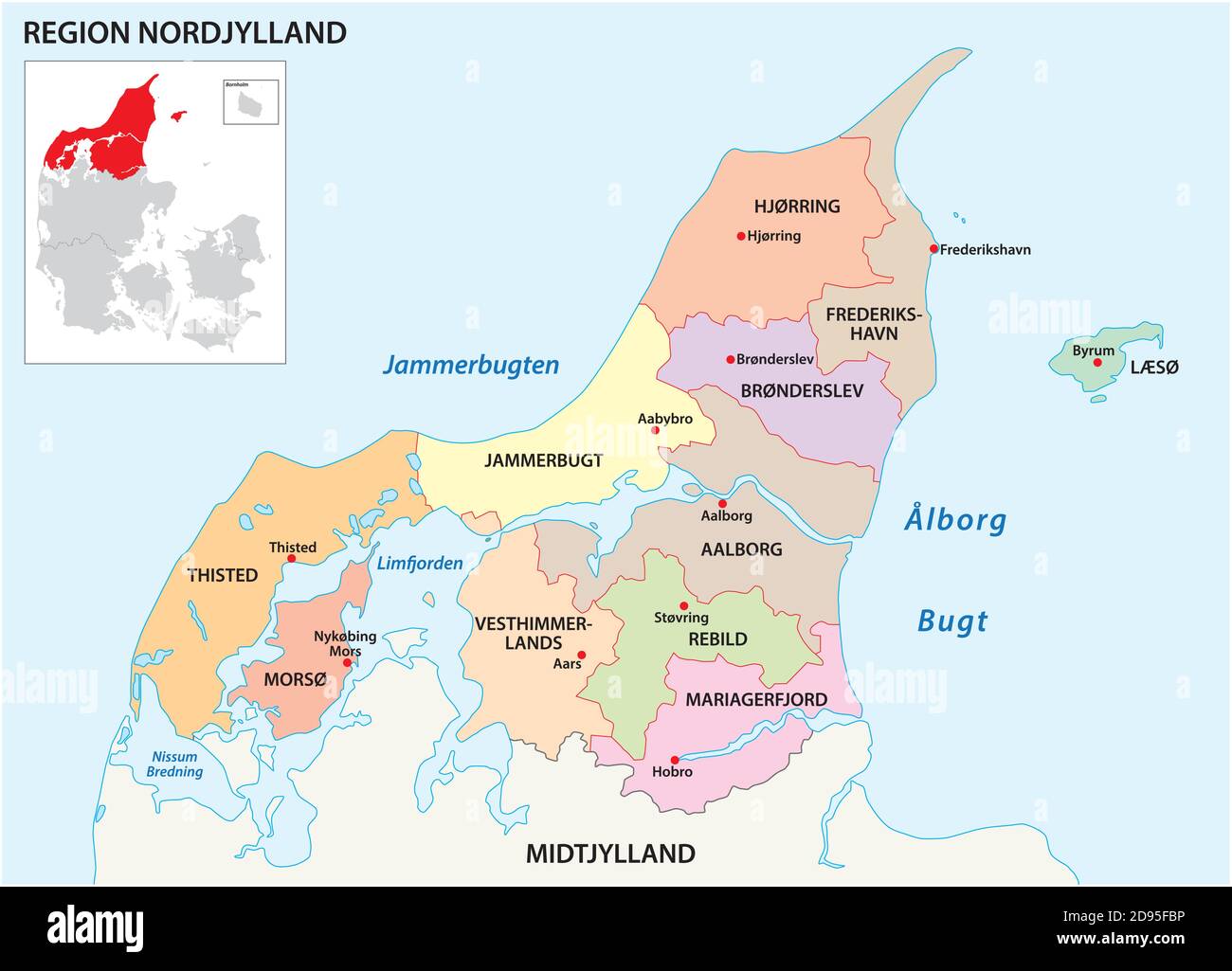 Mappa amministrativa vettoriale della Regione Nord Jutland, Danimarca Illustrazione Vettoriale