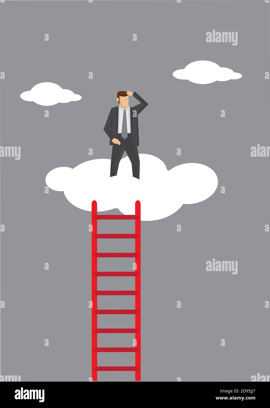 Uomo d'affari in piedi in una nuvola in cima alla scala aziendale e guardando dall'alto. Illustrazione vettoriale concettuale per la metafora. Illustrazione Vettoriale