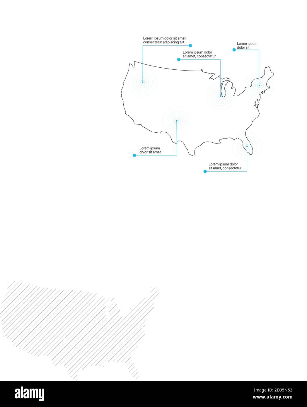 Contorno lineare infografica mappa USA con marcatori di posizione. Illustrazione vettoriale di stock isolata su sfondo bianco. Illustrazione Vettoriale