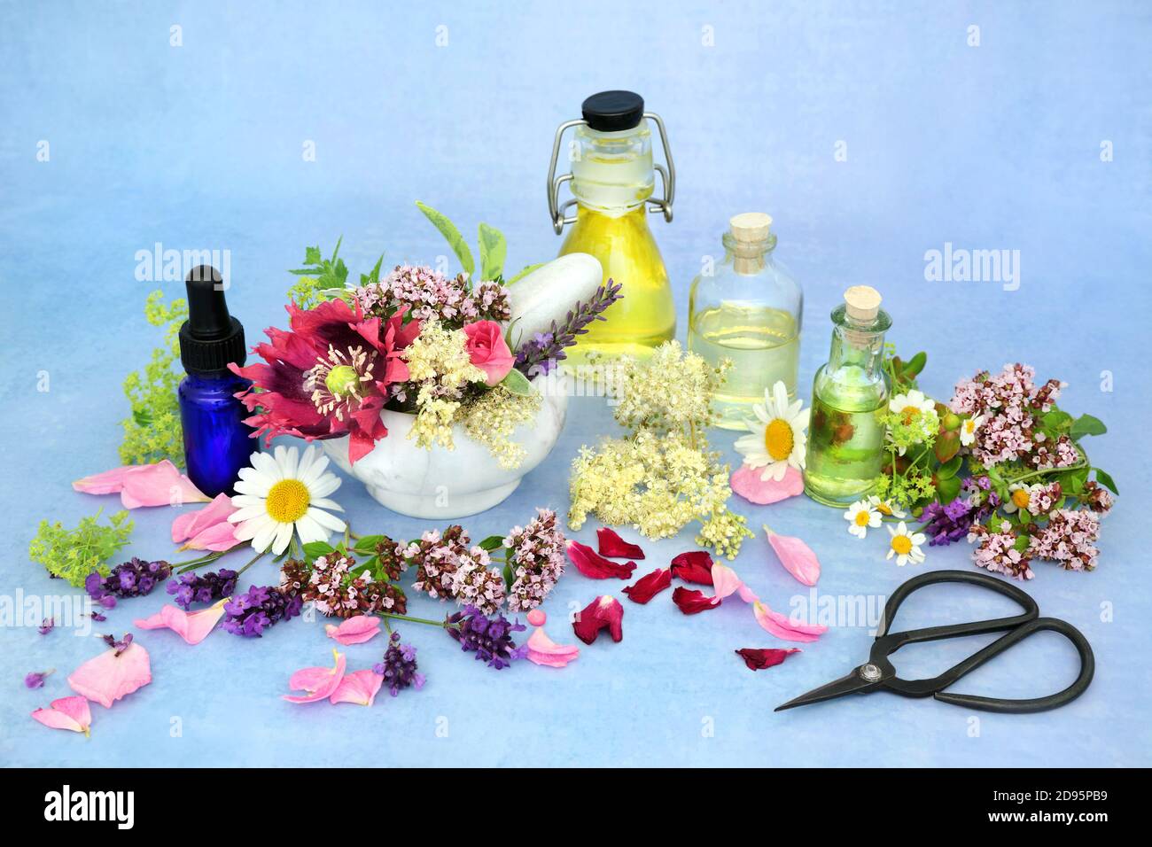 Erboristeria naturopatica con fiori estivi ed erbe con oli per fare aromaterapia olio essenziale. Vita morta per il concetto di assistenza sanitaria naturale. Foto Stock