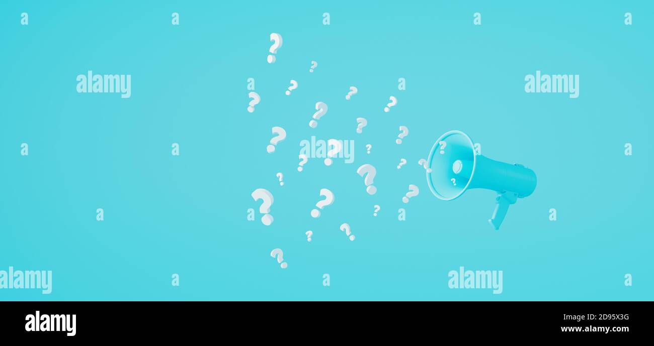I punti interrogativi escono dal megafono su sfondo blu. Surprise Concept 3d rendering illustrazione 3d Foto Stock