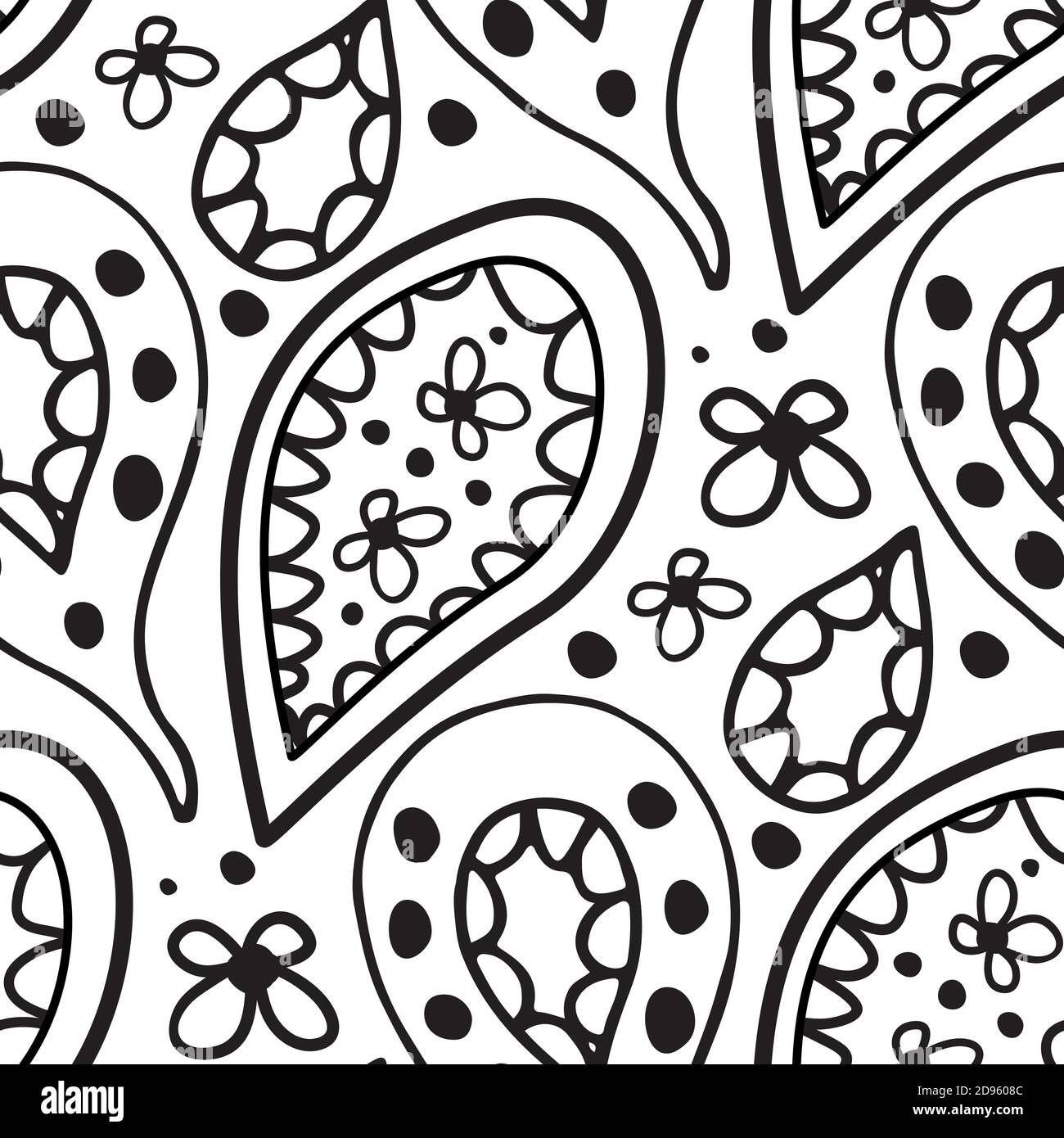 Pattern vettoriale senza giunture a pois. Motivi a foglia nera e petali disegnati a mano su sfondo bianco. Design lineare semplice Illustrazione Vettoriale