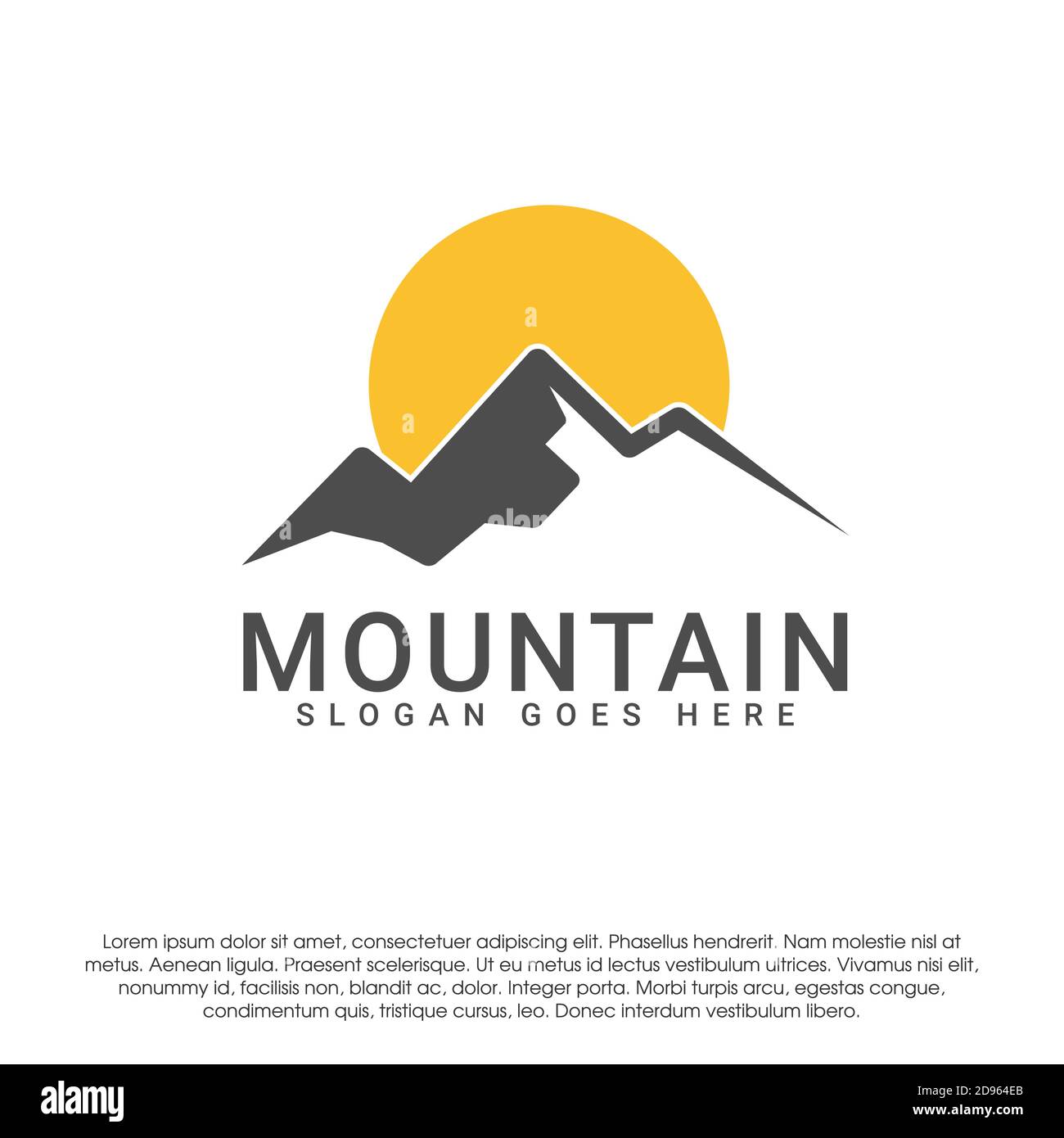 Concetto di design con logo Mountain Sun. Logo Sun con logo vettoriale di montagna modello isolato su sfondo bianco. Modello di progettazione per le aziende Illustrazione Vettoriale