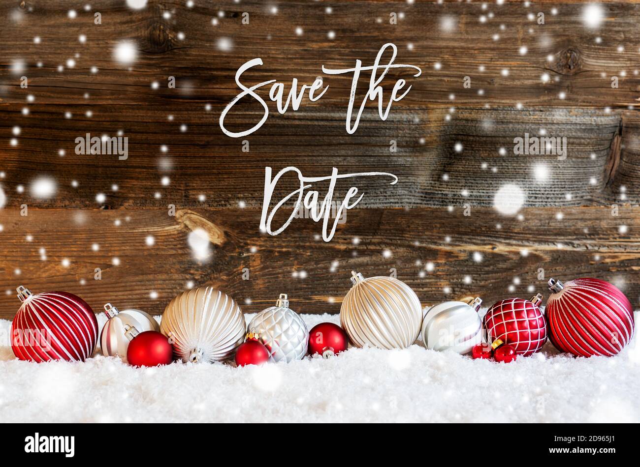 Natale palla ornamento, neve, Calligraphy Salva la data, fiocchi di neve Foto Stock