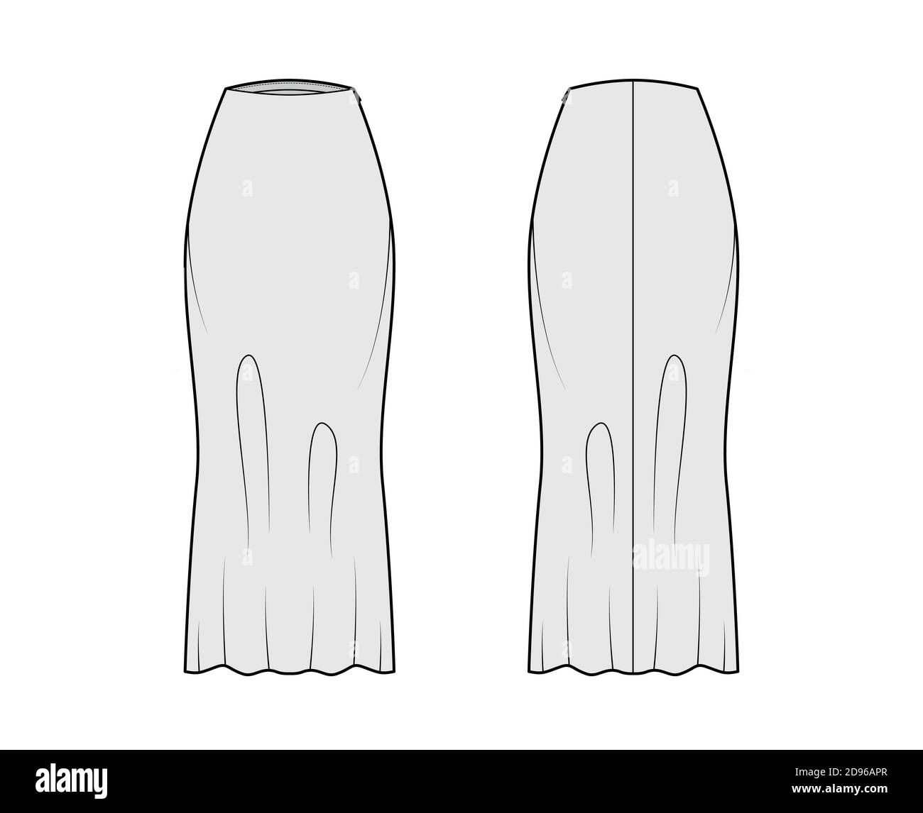 Gonna lunga deviazione taglio tecnico moda illustrazione con maxi lunghezze silhouette, semi-fit fullness. Modello a fondo piatto, anteriore, posteriore, grigio. Donne, uomini, unisex CAD mockup Illustrazione Vettoriale