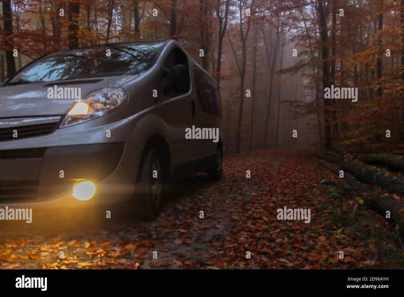 Camper in splendida foresta autunnale con foglie caduta fogliame sulla strada.Magical viaggio e concetto di viaggio, turismo in RV (veicolo ricreativo). Foto Stock