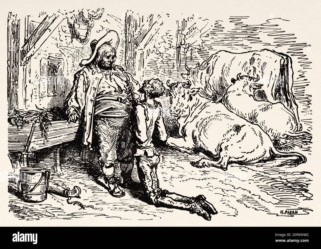 Don Chisciotte e Sancho Panza. Don Chisciotte di Miguel de Cervantes Saavedra. Antica illustrazione dell'incisione del XIX secolo di Gustave Dore Foto Stock