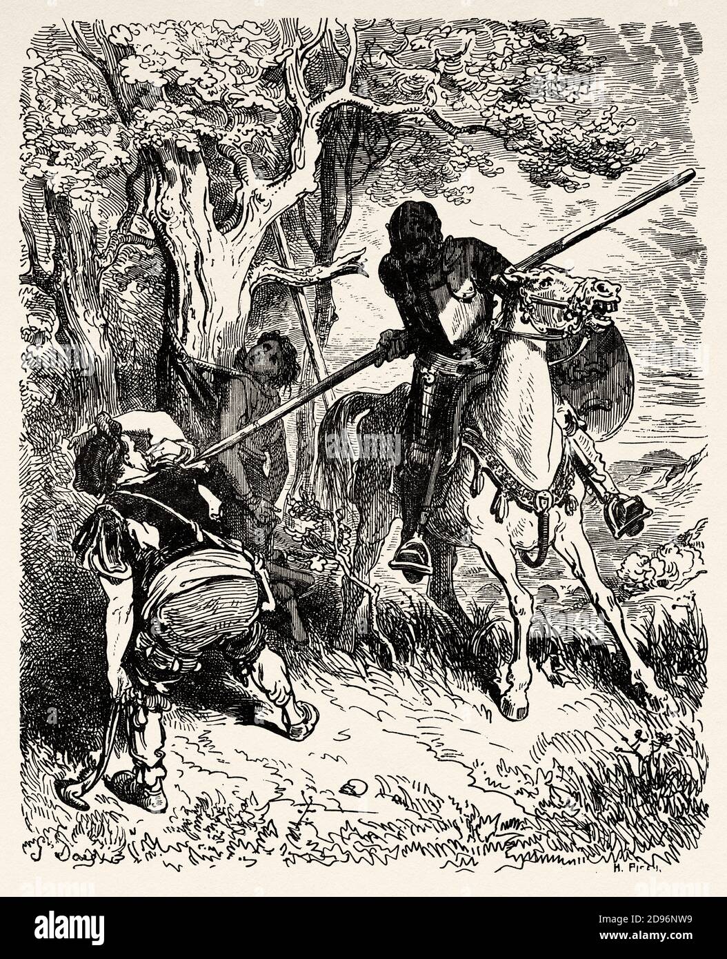 Don Chisciotte che cosa è caduto il cavaliere dopo che aveva lasciato la locanda. Don Chisciotte di Miguel de Cervantes Saavedra. Antica illustrazione dell'incisione del XIX secolo di Gustave Dore Foto Stock