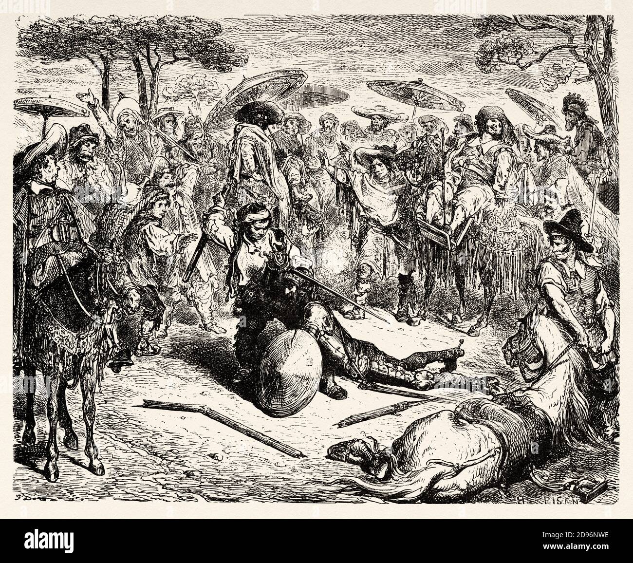 Don Chisciotte lo ha battuto come un covone di grano. Don Chisciotte di Miguel de Cervantes Saavedra. Antica illustrazione dell'incisione del XIX secolo di Gustave Dore Foto Stock