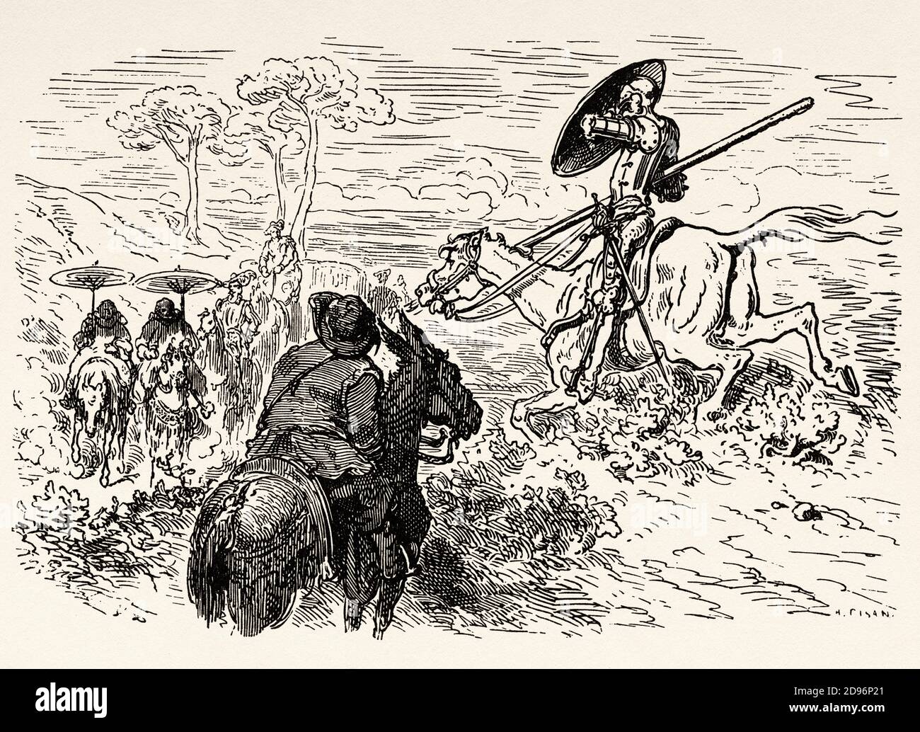 Don Chisciotte e Sancho Panza. Don Chisciotte di Miguel de Cervantes Saavedra. Antica illustrazione dell'incisione del XIX secolo di Gustave Dore Foto Stock