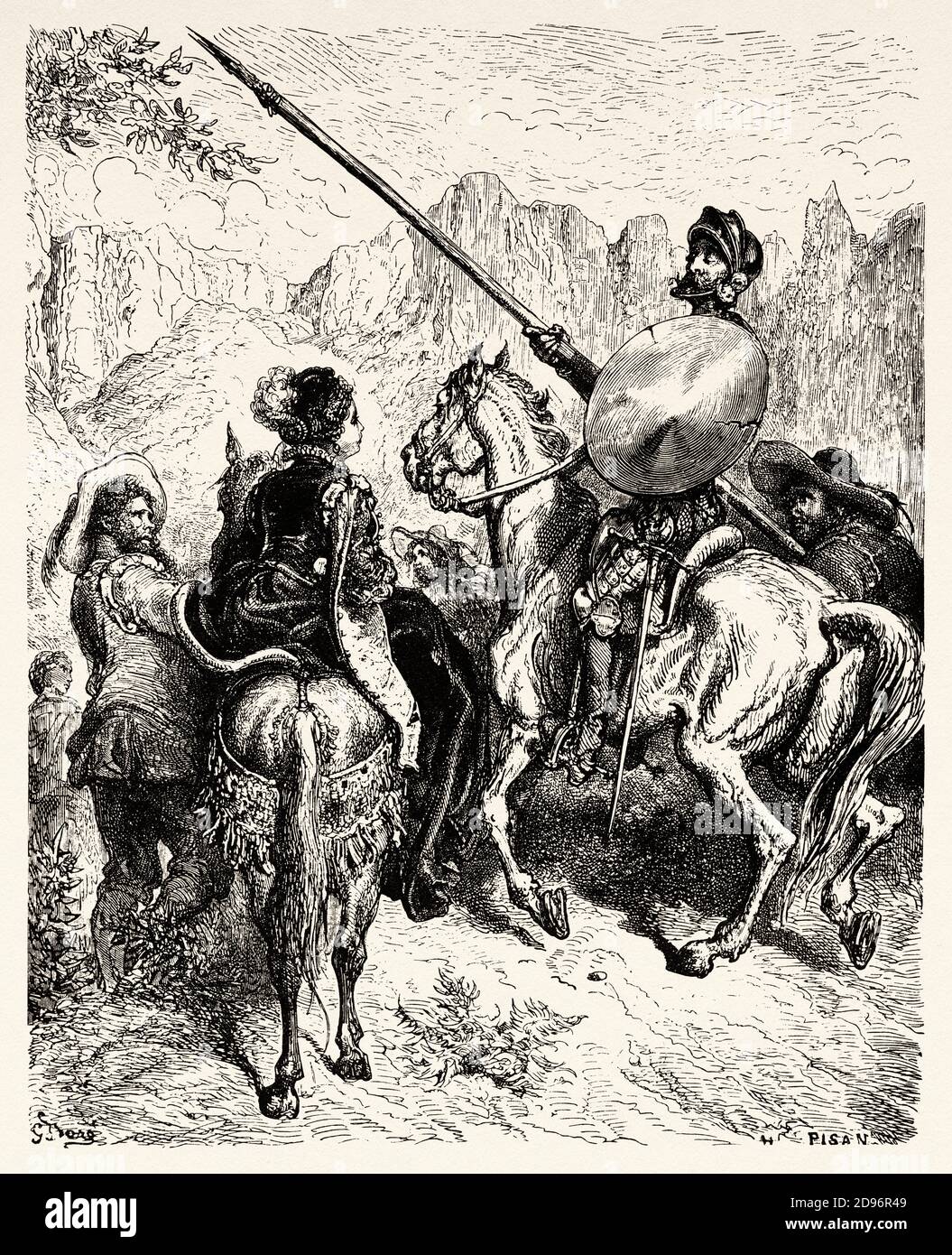 Don Chisciotte, Sancho e la principessa Dorotea. Don Chisciotte di Miguel de Cervantes Saavedra. Antica illustrazione dell'incisione del XIX secolo di Gustave Dore Foto Stock