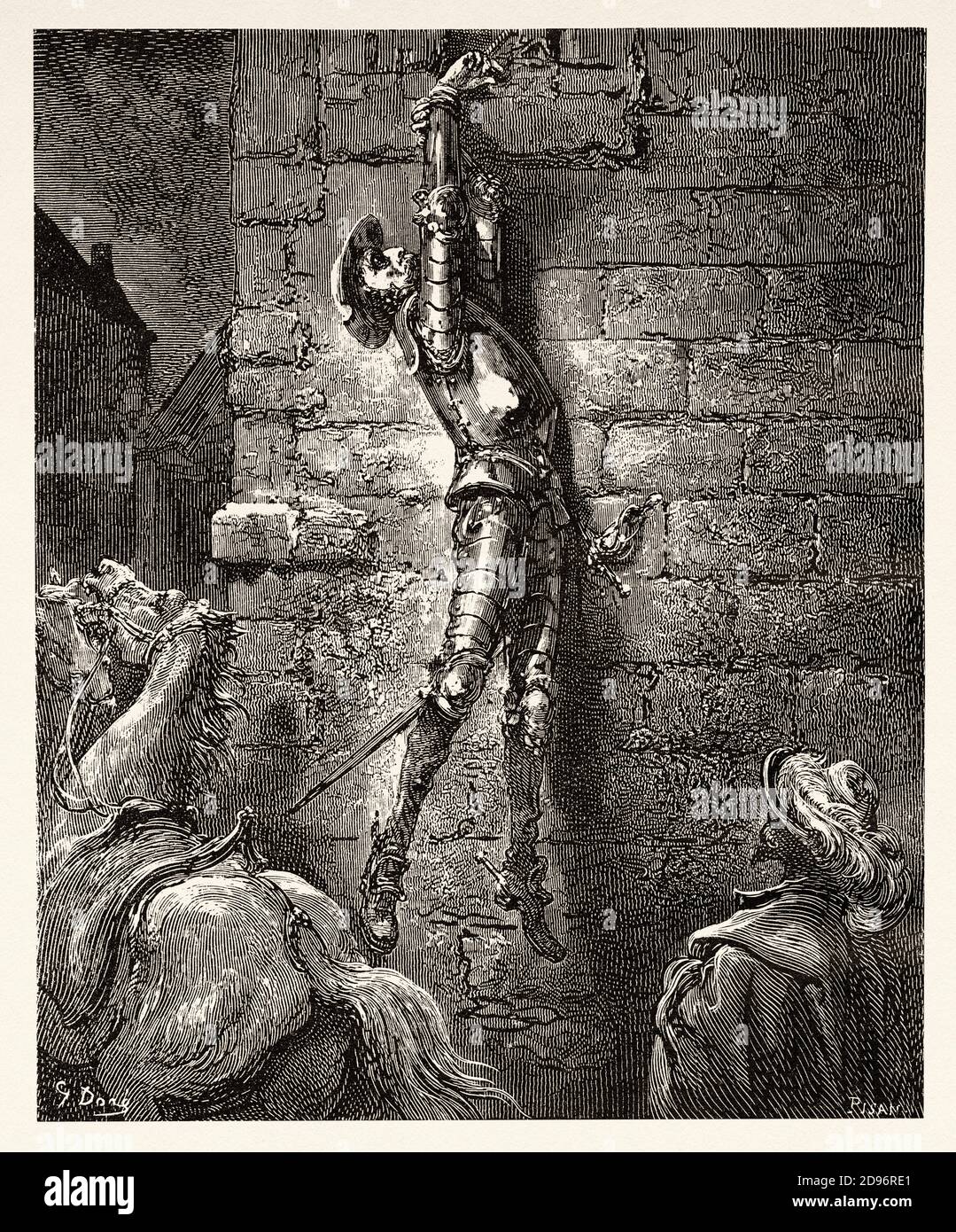 Don Chisciotte, era inevitabilmente caduto a terra. Don Chisciotte di Miguel de Cervantes Saavedra. Antica illustrazione dell'incisione del XIX secolo di Gustave Dore Foto Stock