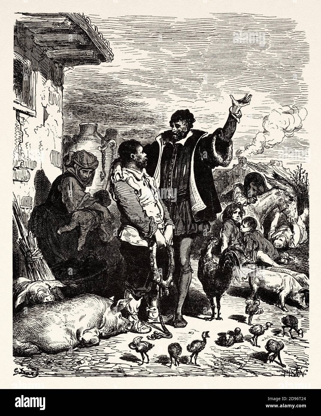 Don Chisciotte prende Sancho Panza dalla sua casa e lo pronuncia governatore. Don Chisciotte di Miguel de Cervantes Saavedra. Antica illustrazione dell'incisione del XIX secolo di Gustave Dore Foto Stock