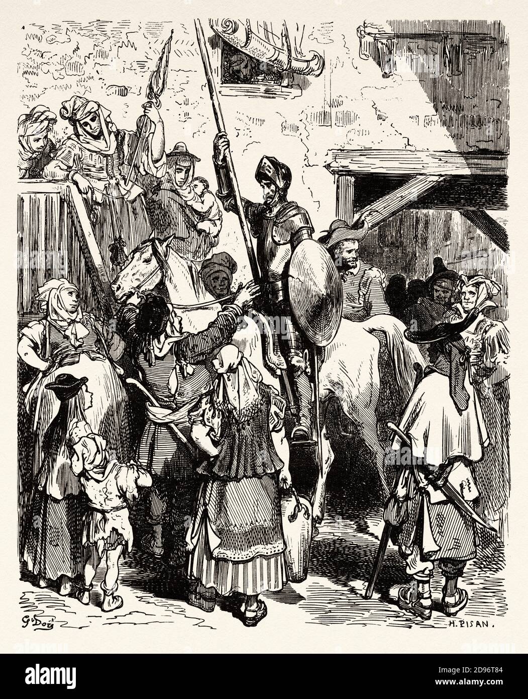 Don Chisciotte e Innkeeper. Don Chisciotte di Miguel de Cervantes Saavedra. Antica illustrazione dell'incisione del XIX secolo di Gustave Dore Foto Stock