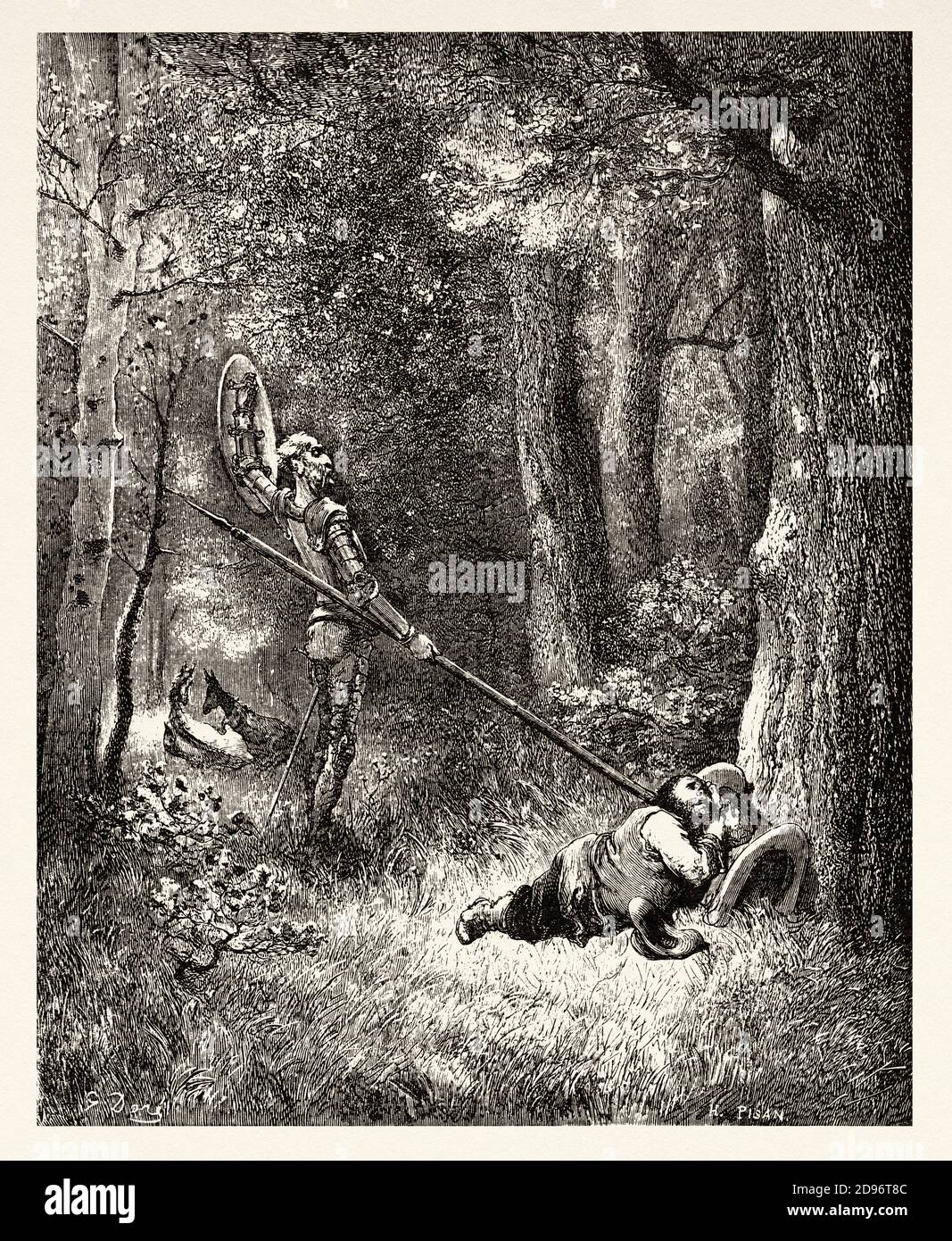 Don Chisciotte e Sancho Panza. Don Chisciotte di Miguel de Cervantes Saavedra. Antica illustrazione dell'incisione del XIX secolo di Gustave Dore Foto Stock