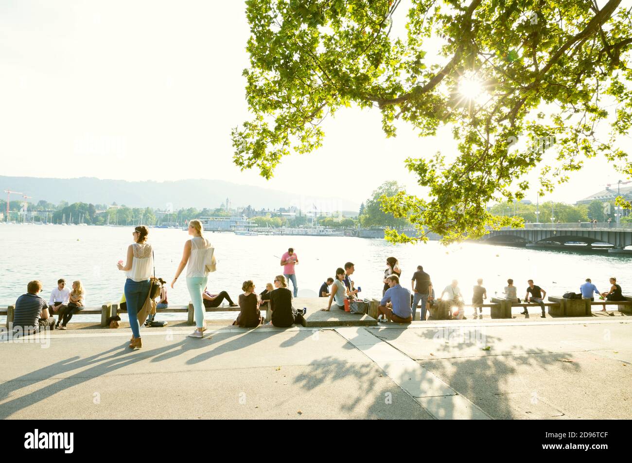 Zurigo, Svizzera - 17 luglio 2014: Persone che socializzano sulle rive del lago di Zurigo in Svizzera Foto Stock