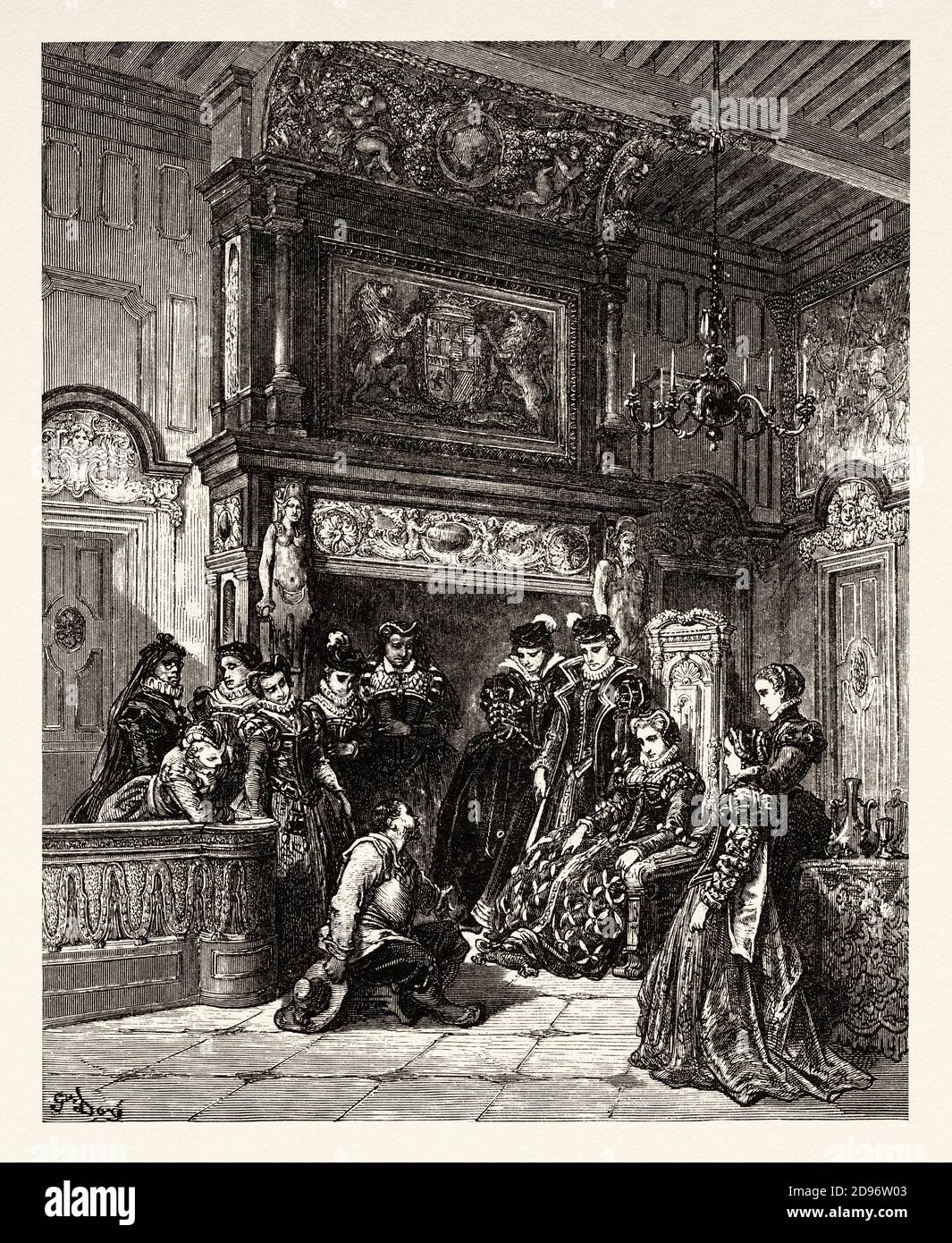 Sancho Panza e la duchessa. Don Chisciotte di Miguel de Cervantes Saavedra. Antica illustrazione dell'incisione del XIX secolo di Gustave Dore Foto Stock