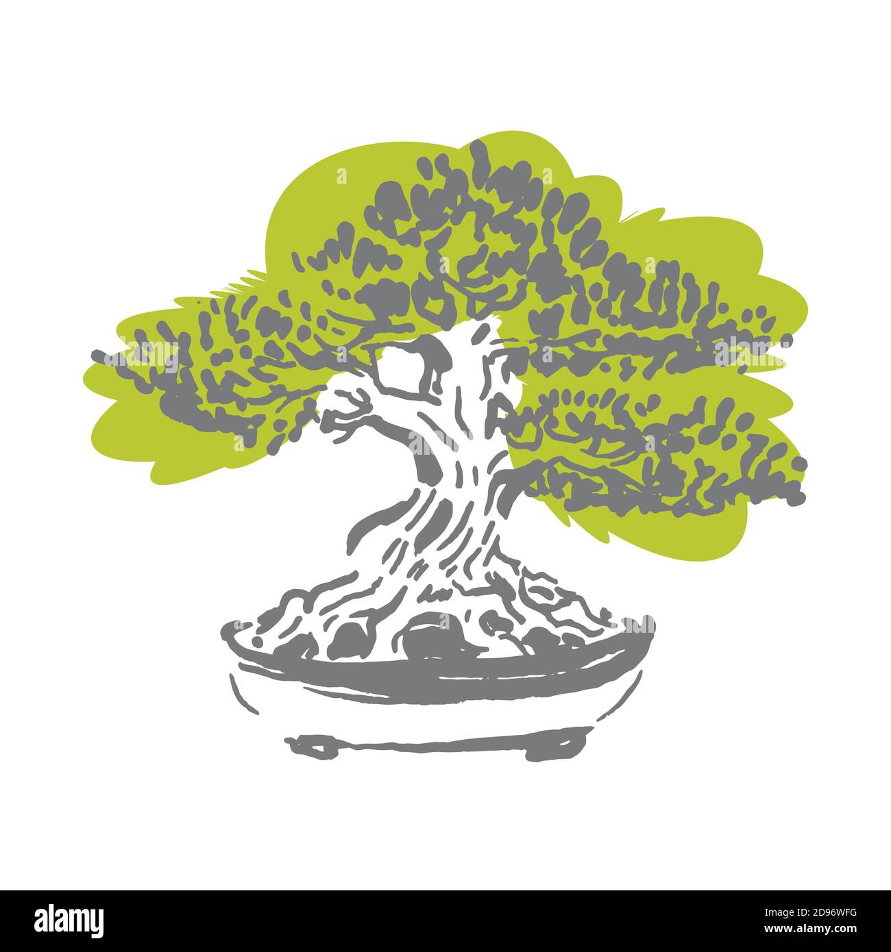 Vecchio albero di bonsai giapponese in vaso logo disegnato a mano Illustrazione Vettoriale