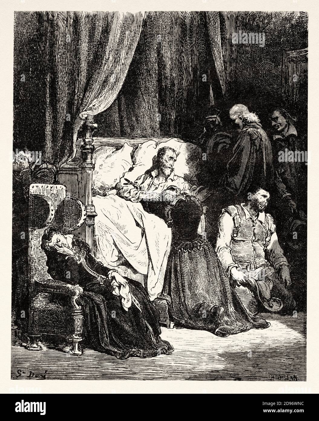 Don Chisciotte giace malato a letto. Don Chisciotte di Miguel de Cervantes Saavedra. Antica illustrazione dell'incisione del XIX secolo di Gustave Dore Foto Stock