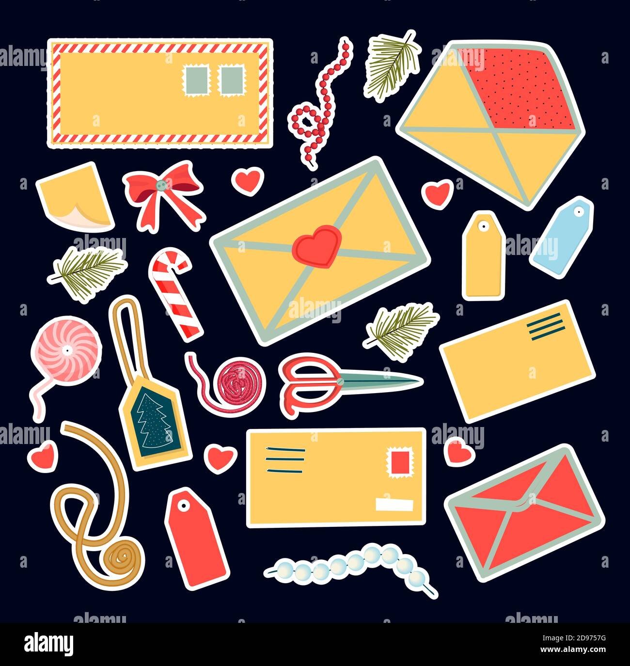 Posta e consegna. Lettere e buste. Lettere di festa. Adesivi e-mail theme.illustrazione vettoriale. Illustrazione Vettoriale