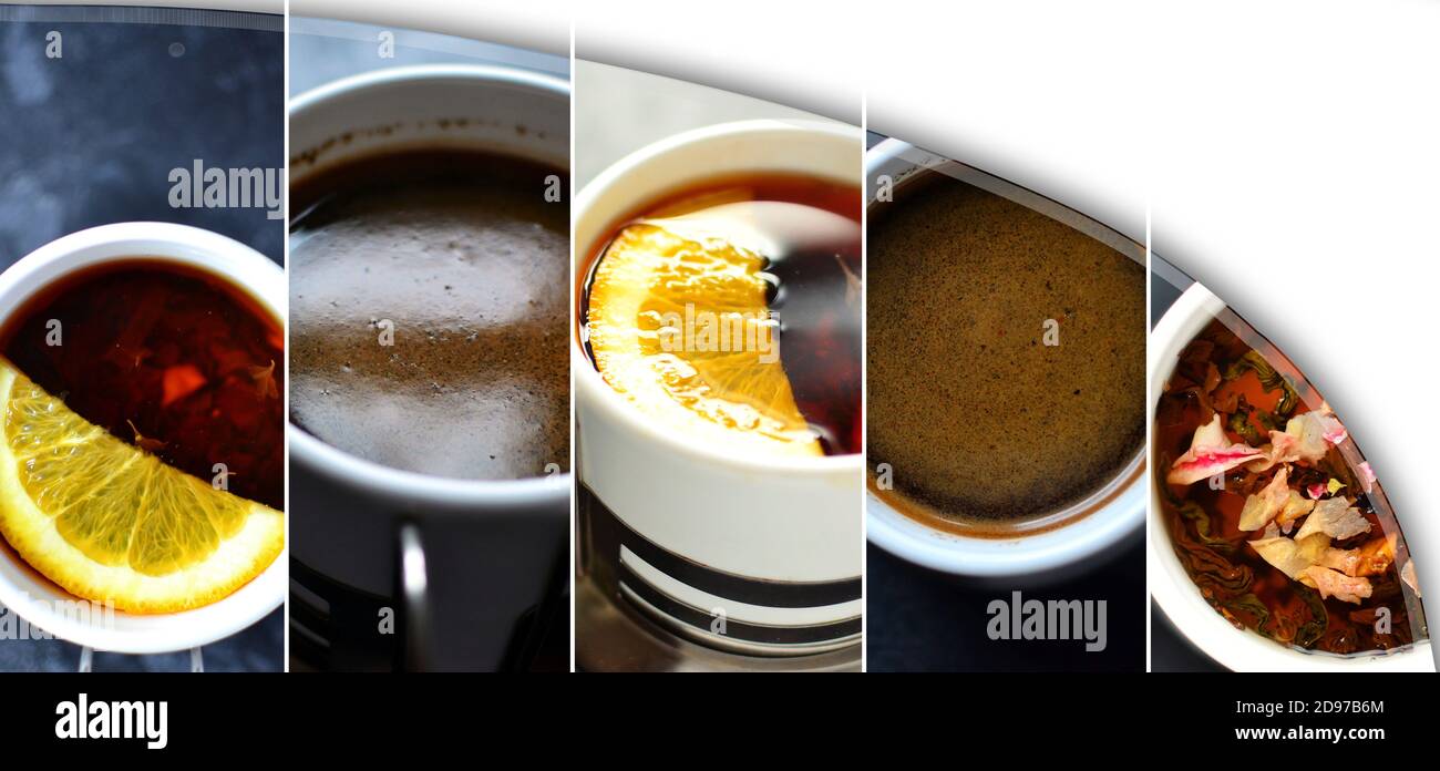 Collage da immagini caffè, tè, cioccolata calda e masala Foto Stock
