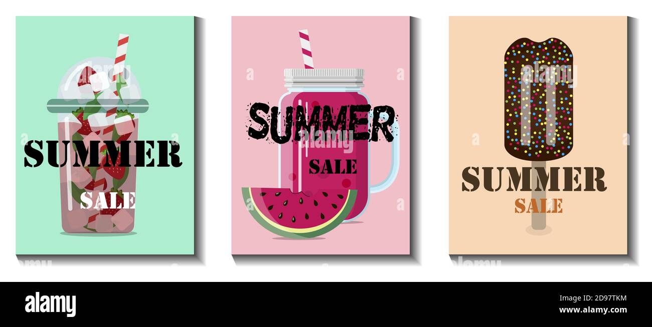 Immagine vettoriale piatta di una vendita estiva di beni. Pubblicità con gelato, fumé, limonata su un banner, sito web o volantino circa il 50% di sconti su merci, prodotti, e abbigliamento durante il periodo di vendita estiva. I prezzi di fusione dal caldo estivo. Opuscoli luminosi con un'offerta pubblicitaria Illustrazione Vettoriale