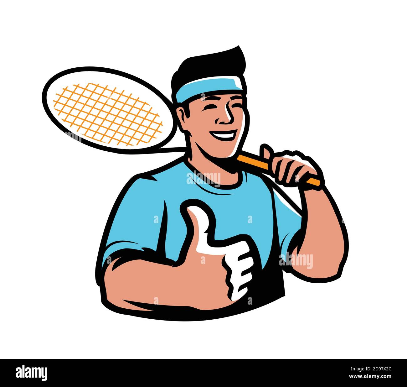 Giocatore di tennis con stemma a racchetta. Illustrazione vettoriale del simbolo dello sport Illustrazione Vettoriale