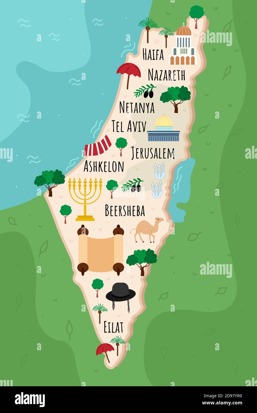 Cartoon mappa di Israele. Viaggia con l'illustrazione dei monumenti ebraici, degli edifici, del cibo e delle piante. Infografiche turistiche divertenti. Simboli nazionali. Famoso Illustrazione Vettoriale
