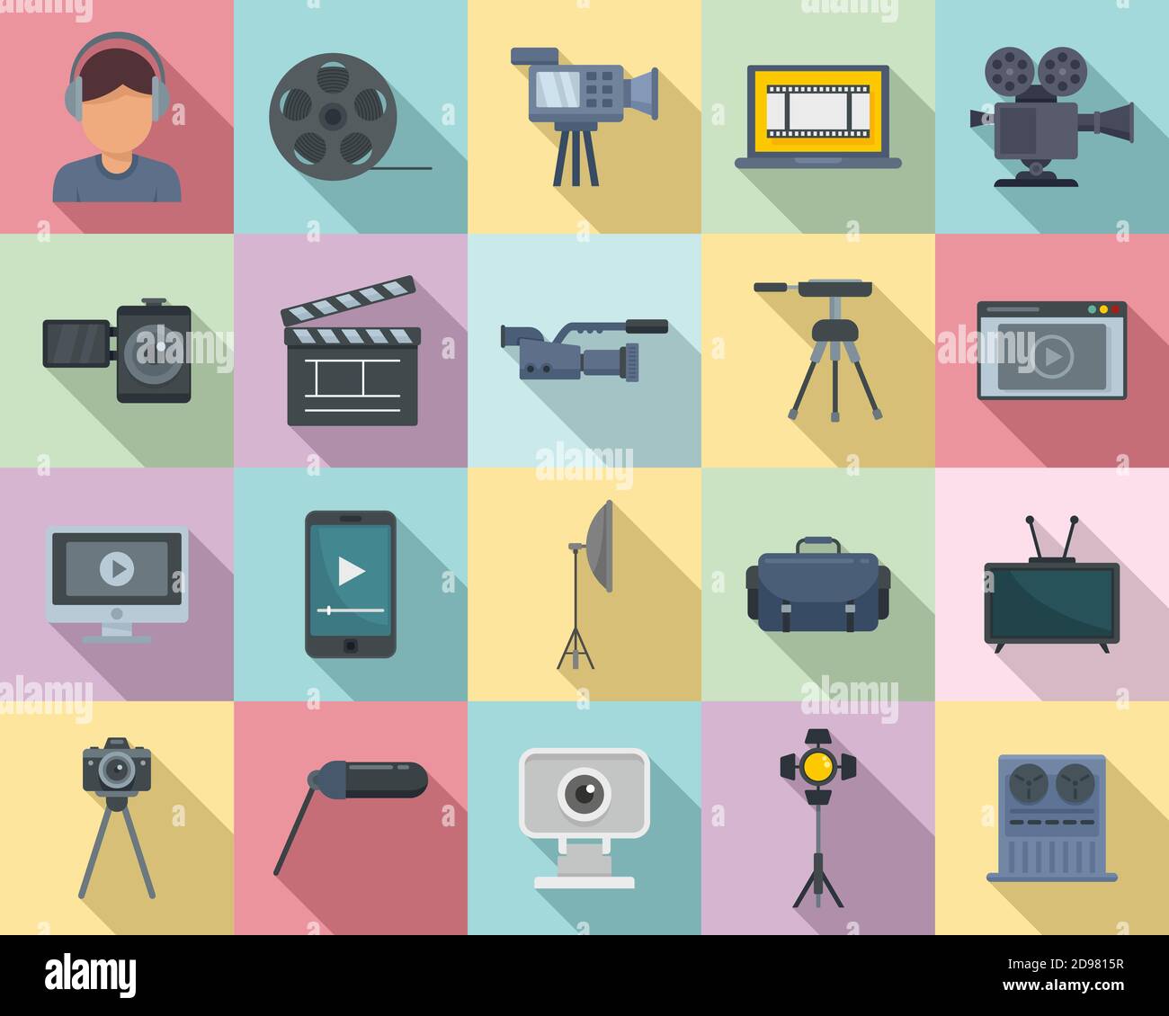 Set di icone cameraman, stile piatto Illustrazione Vettoriale
