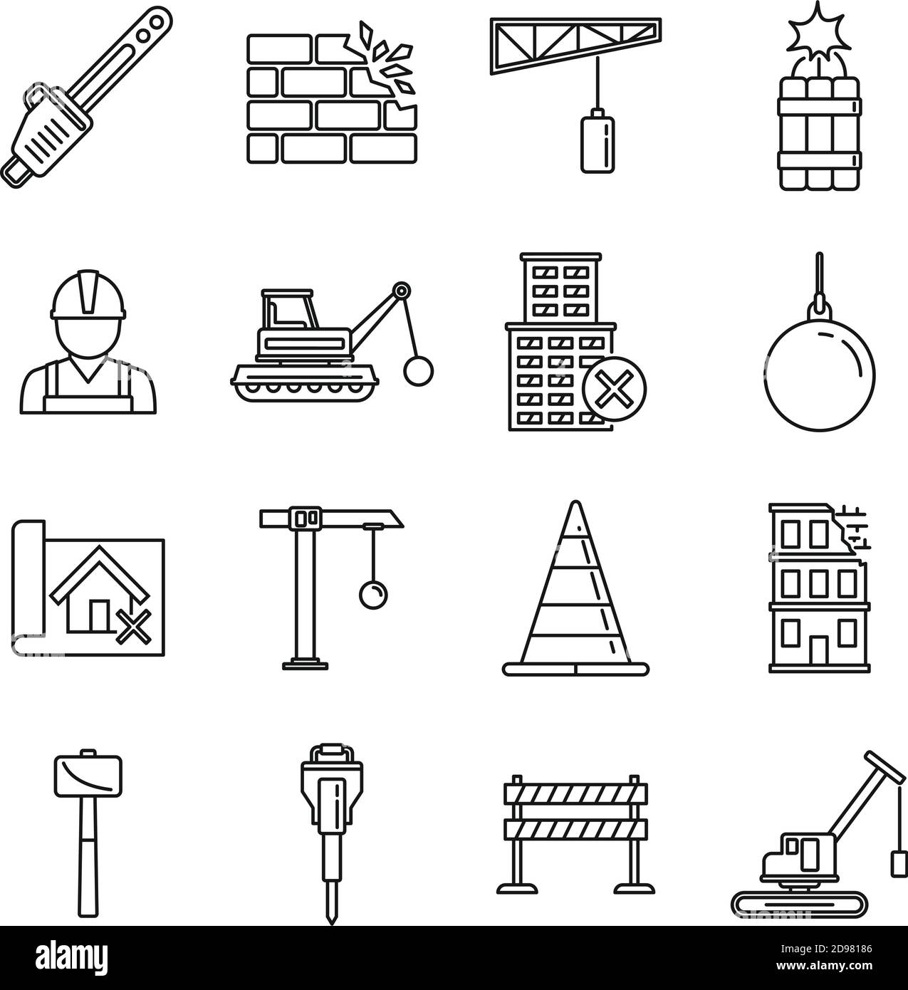 Set di icone per lavori di demolizione in città, stile contorno Illustrazione Vettoriale