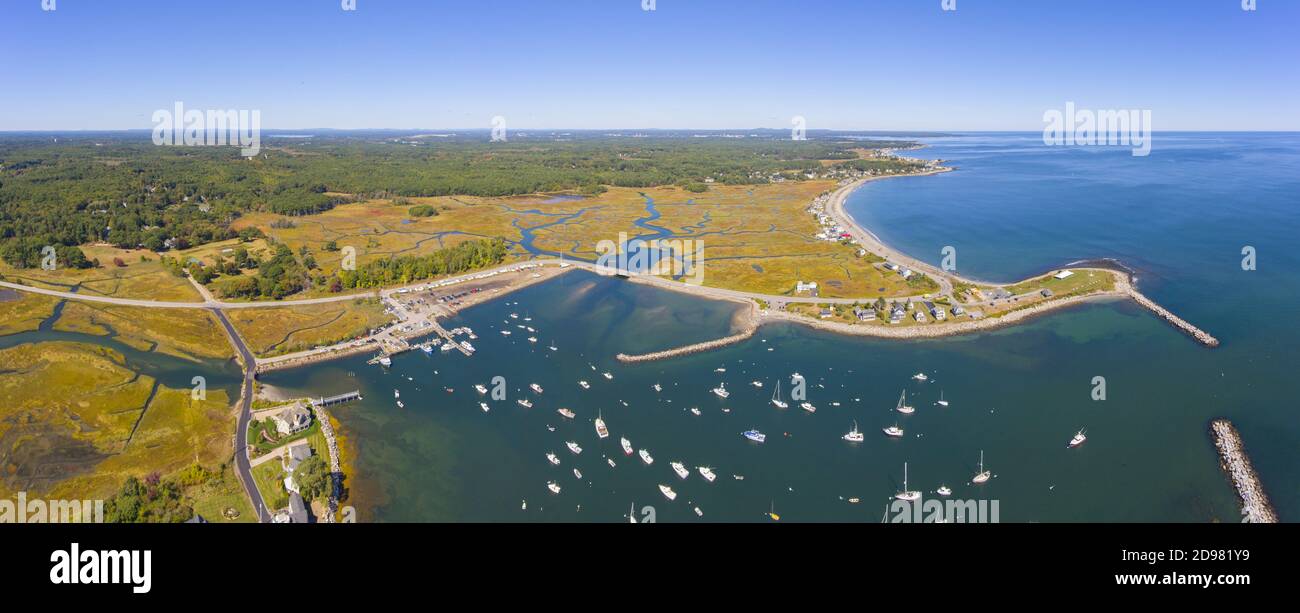 Vista aerea panoramica del porto di Rye nel Rye Harbour state Park nella città di Rye, New Hampshire NH, Stati Uniti. Foto Stock