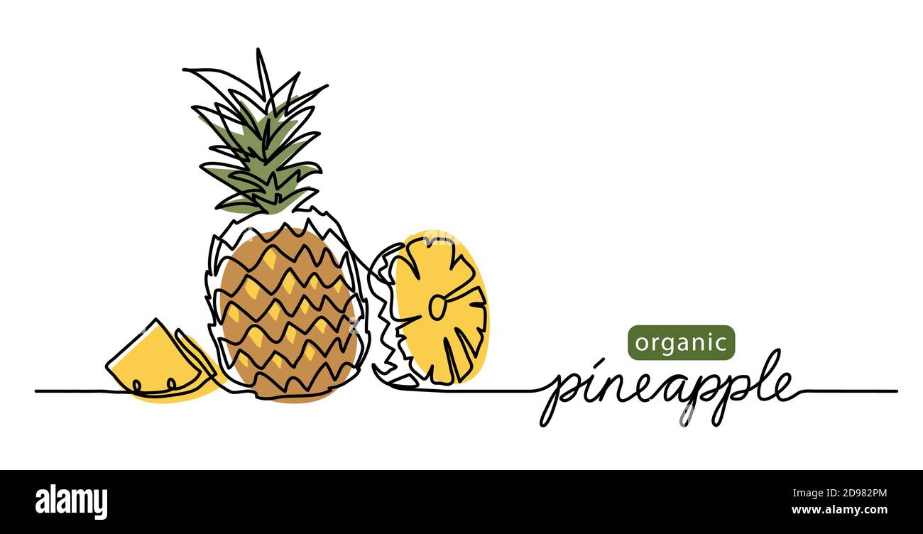Ananas semplice illustrazione vettoriale. Un disegno a linea continua con testo di ananas organico Illustrazione Vettoriale