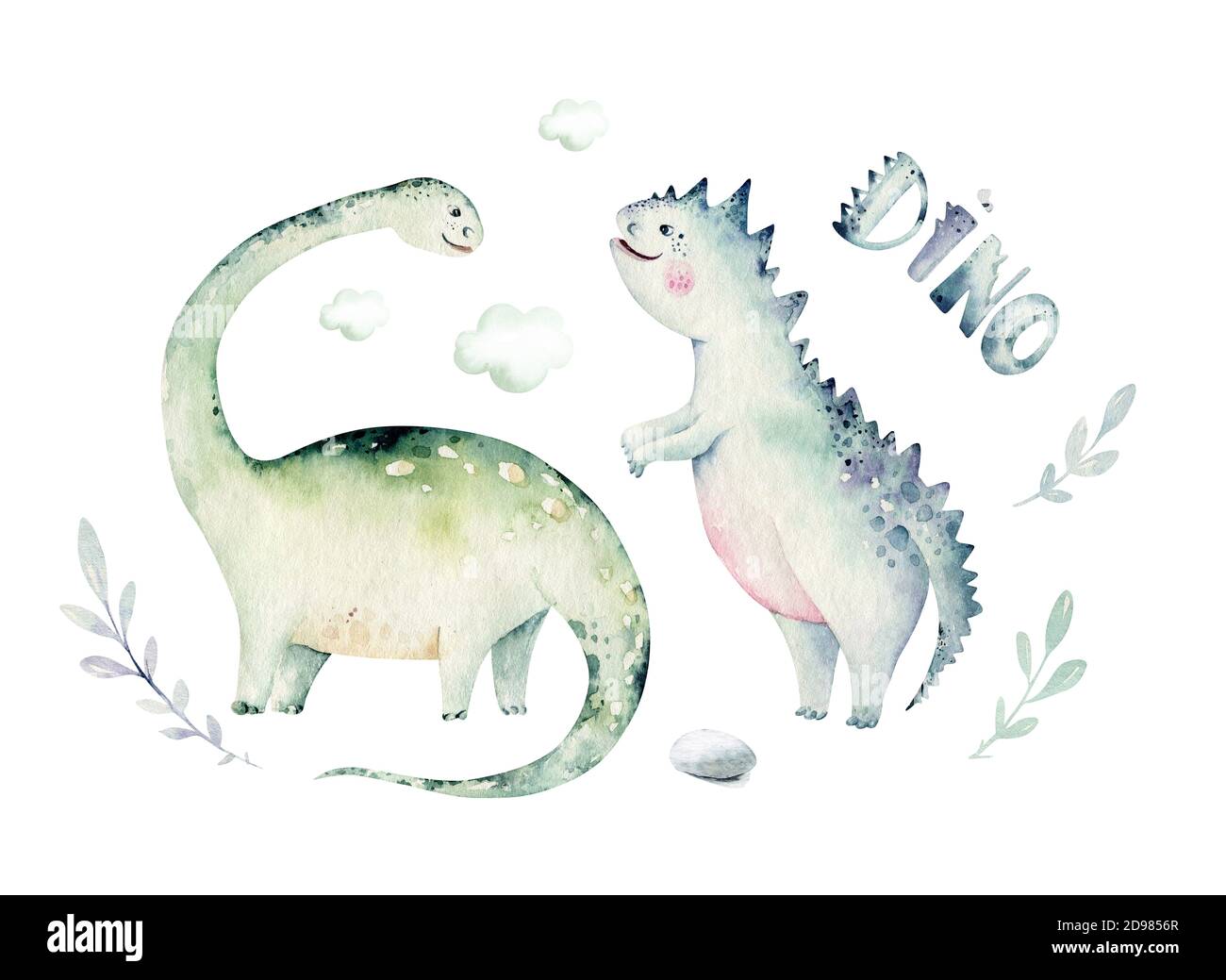 Carino cartoon baby dinosaurs collezione illustrazione acquerello, dipinto a mano dino isolato su uno sfondo bianco per la decorazione di poster per vivaio. Rex Foto Stock