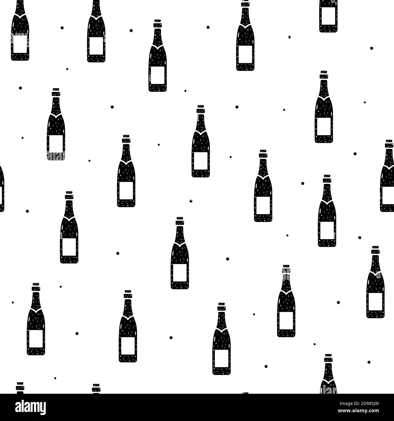 Motivo senza cuciture di champagne o bottiglie di vino in stile piatto su sfondo bianco. Illustrazione Vettoriale