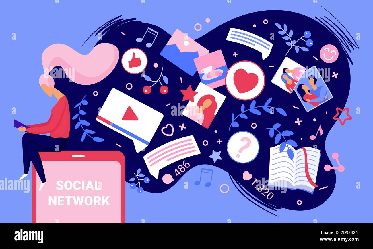 Illustrazione vettoriale del concetto di marketing dei contenuti dei social network. Utente di Cartoon donna in rete nei social media, la creazione di contenuti creativi di foto video digitali moderni, utilizzando i servizi di app mobili background Illustrazione Vettoriale