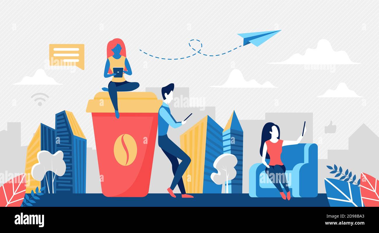 Illustrazione vettoriale del concetto di pausa caffè. Gli uomini d'affari di Cartoon hanno resto in ufficio, usando il telefono mobile per la rete durante il tempo di pausa, la tazza grande del caffè e la base minuscola dei caratteri del collega Illustrazione Vettoriale