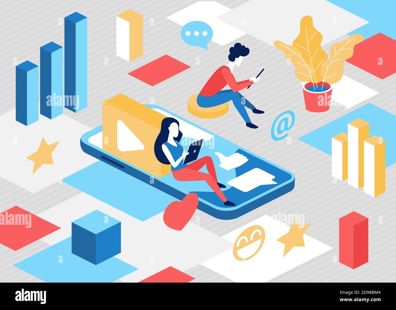 Illustrazione vettoriale del concetto di comunicazione di social network isometrico. cartoon 3d persone molto piccole seduti su smartphone, networking, blogger postando contenuti video blog per sfondo comunità internet Illustrazione Vettoriale