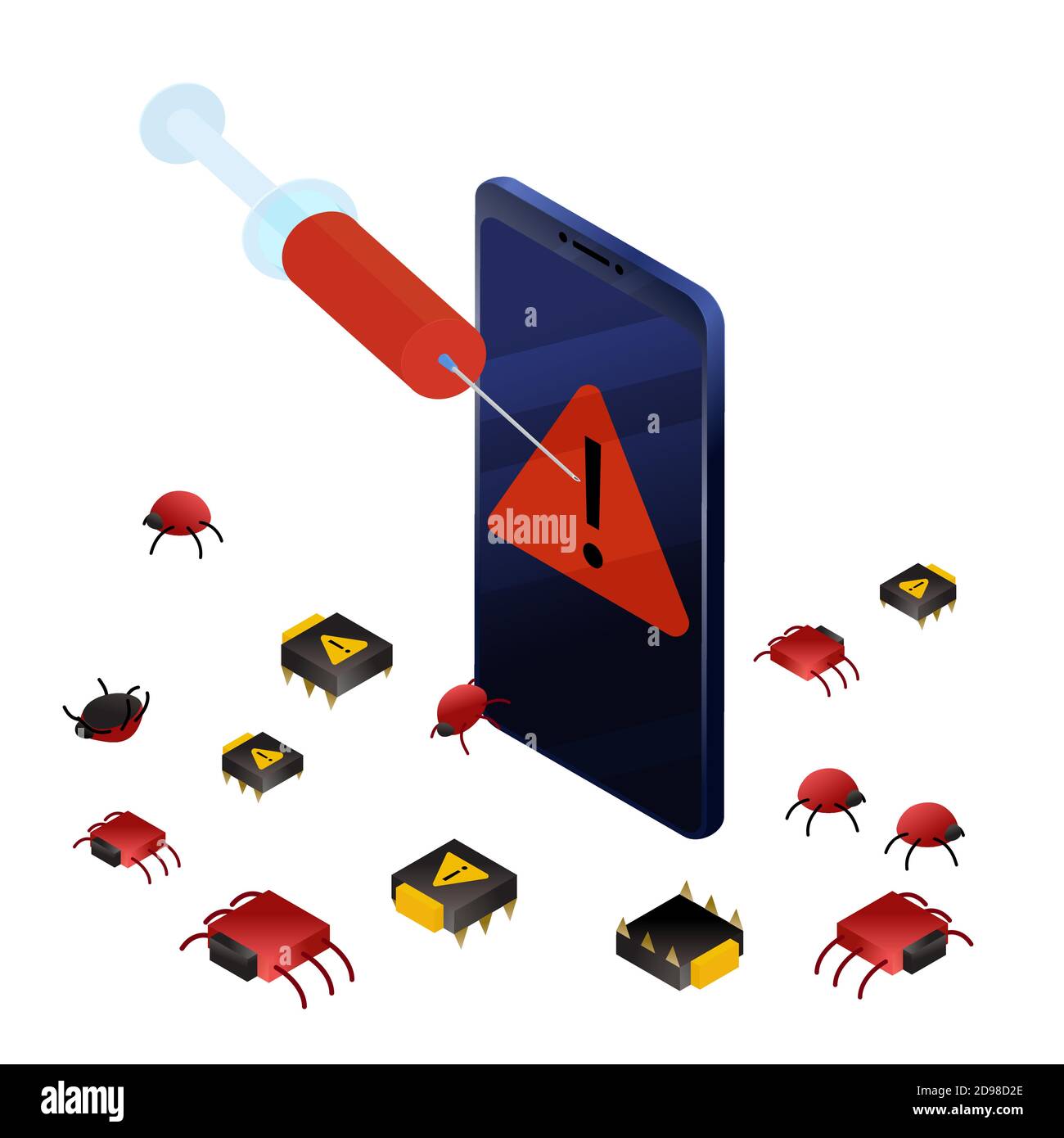 Curare lo smartphone da bug e virus. Illustrazione vettoriale isometrica protezione dei dati, concetto di sicurezza delle informazioni. Siringa con vaccino da informare Illustrazione Vettoriale