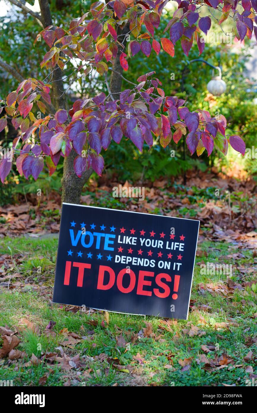 PRINCETON, NJ -31 OTT 2020- Vista di un prato democratico che dice voto come la vostra vita dipende da esso durante la campagna elettorale presidenziale del 2020 in Foto Stock