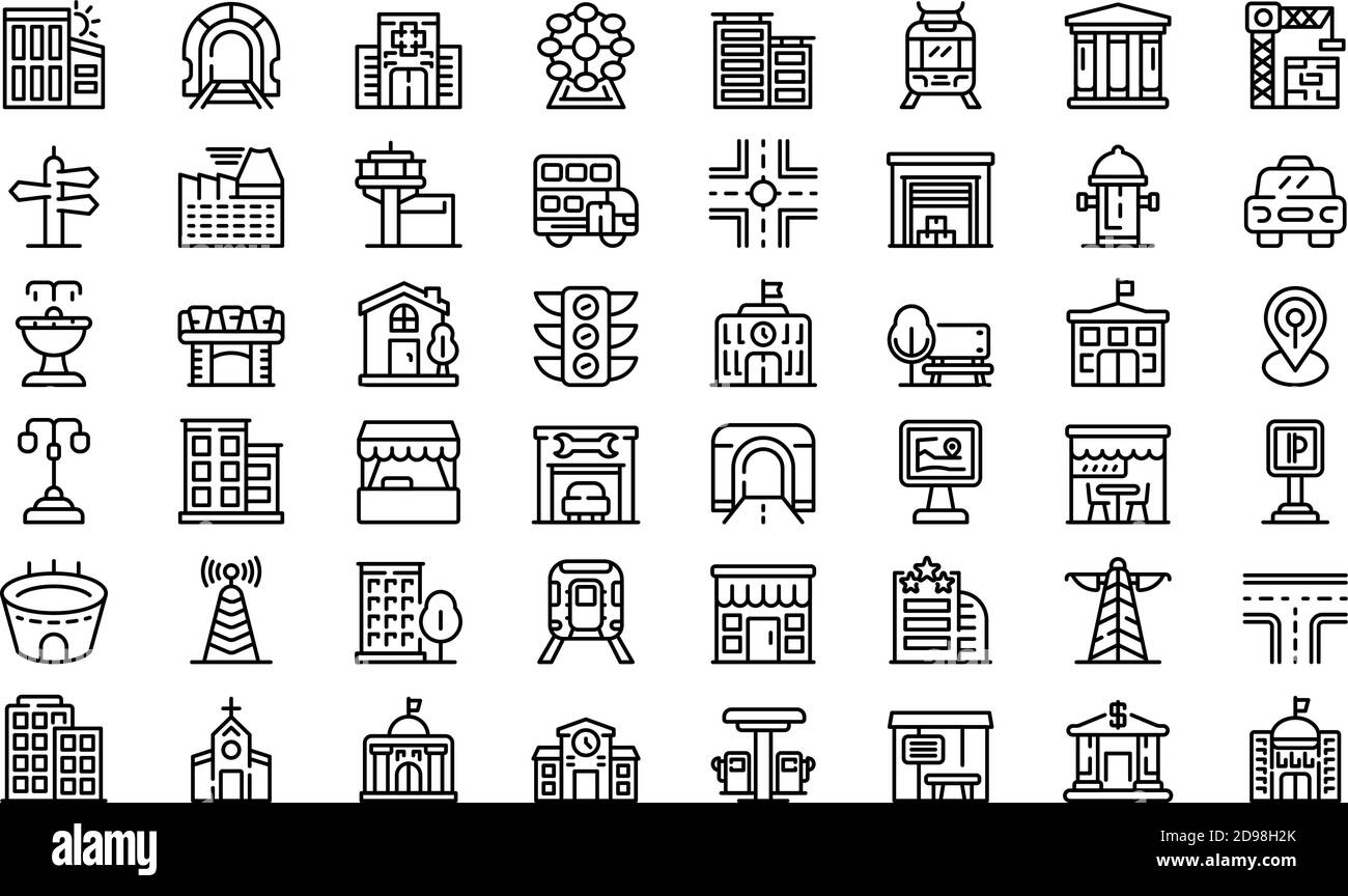 Set di icone dell'infrastruttura urbana. Insieme di icone vettoriali per infrastrutture cittadine per il web design isolate su sfondo bianco Illustrazione Vettoriale