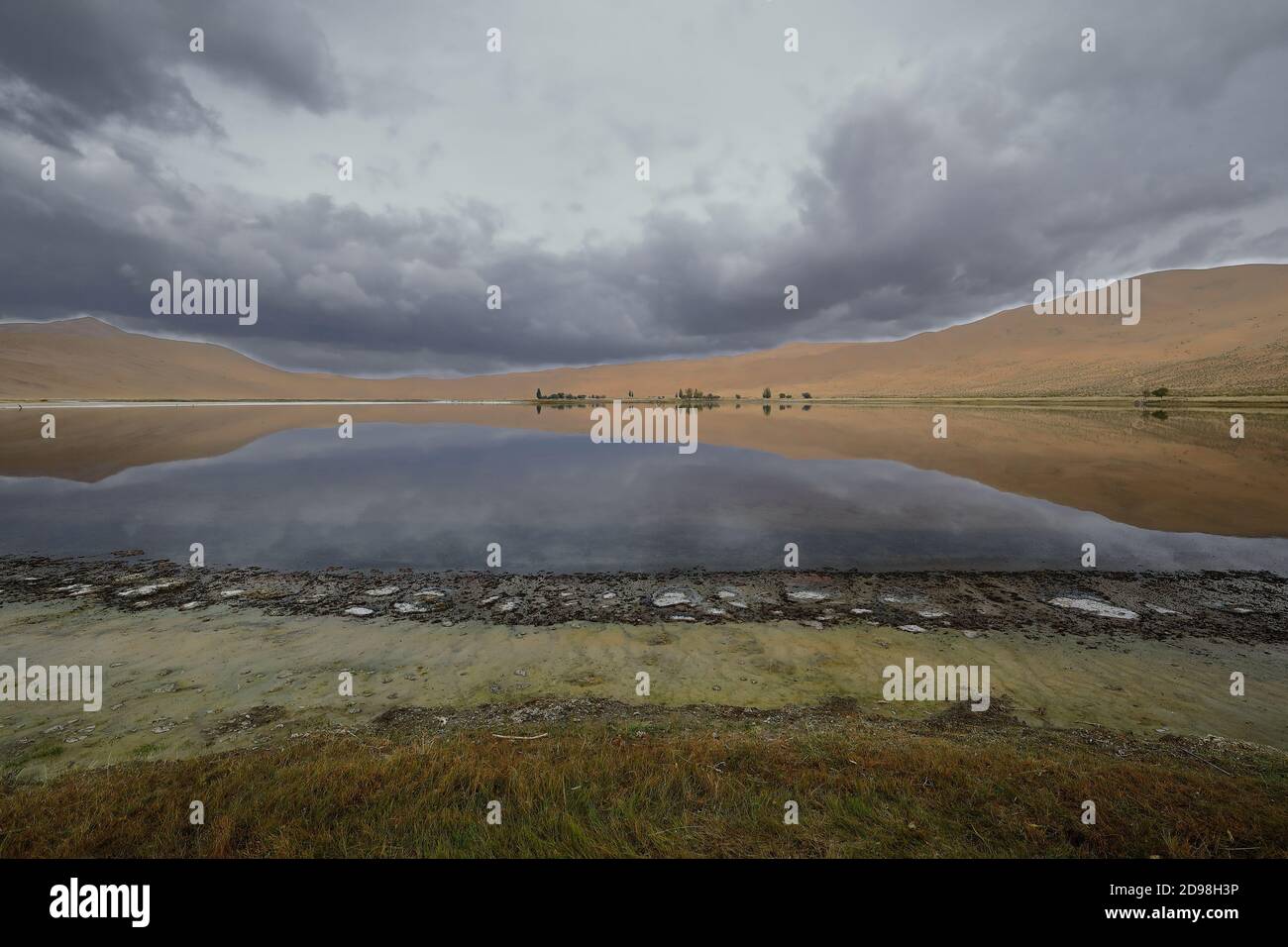 Lago Yinderitu-Yindeertu tra le dune-speculare acqua scura. Deserto di Badain Jaran-Mongolia-Cina-1091 Foto Stock