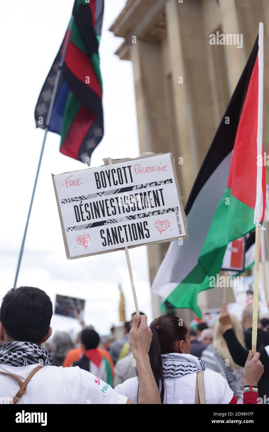 I sostenitori del popolo palestinese si sono riuniti in piazza Trocadero a Parigi il 28 agosto 2014 per denunciare la colonizzazione dei territori palestinesi Foto Stock