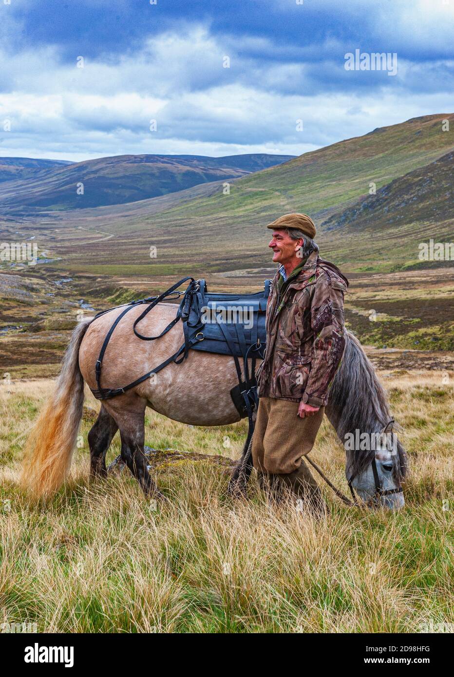 Scozia, Regno Unito – una ghillia con un pony di montagna che mostra la sella del pacchetto Foto Stock