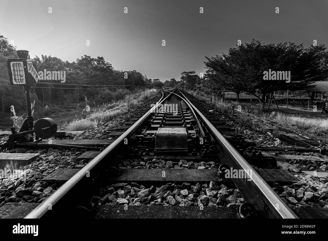 Trasporto ferroviario e ferroviario con cielo sole in fondo alla foresta, in stile bianco e nero e monocromatico Foto Stock