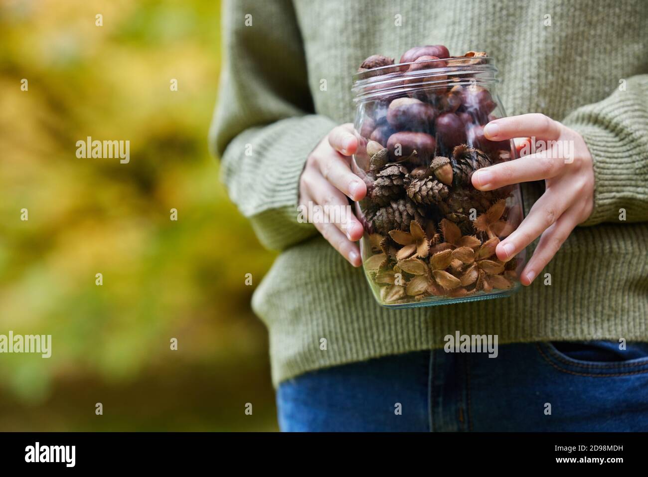 Primo piano di Girl Outdoors vasetto di pino d'autunno Coni con corna Conker e custodie per noci di faggio Foto Stock