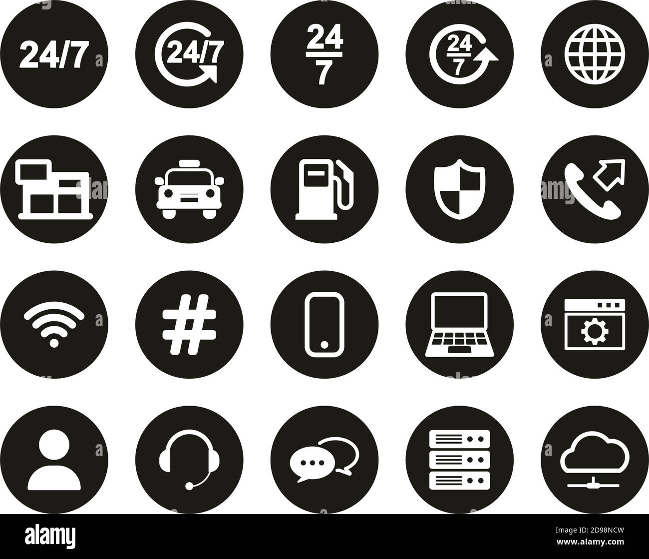 Servizio non stop o 247 icone di servizio bianche su nero piatto Set cerchio di design Grande Illustrazione Vettoriale